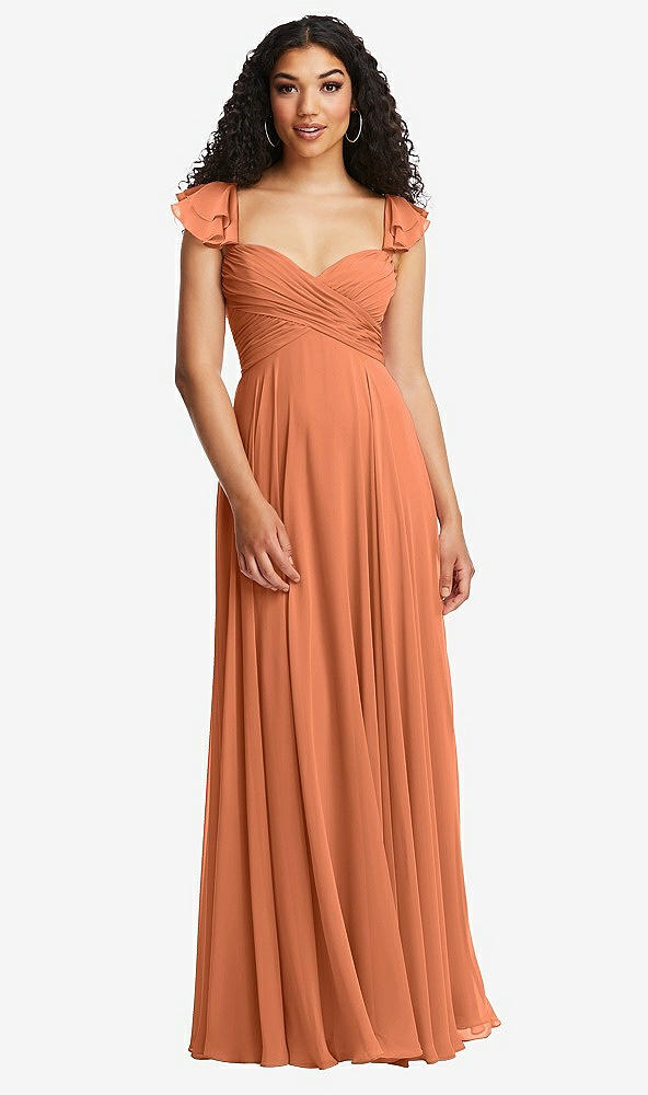 Back View - Sweet Melon Shirred Cross Bodice Lace Up Open-Back Maxi Dress with Flutter Sleeves