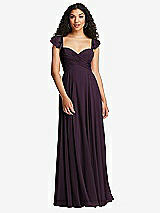Rear View Thumbnail - Aubergine Shirred Cross Bodice Lace Up Open-Back Maxi Dress with Flutter Sleeves