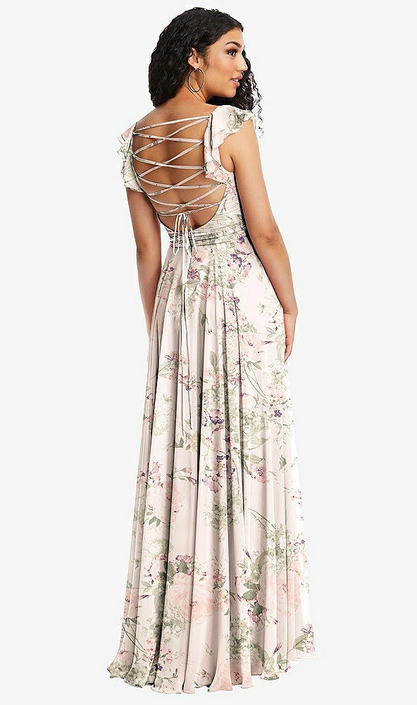 Front View - Blush Garden Shirred Cross Bodice Lace Up Open-Back Maxi Dress with Flutter Sleeves