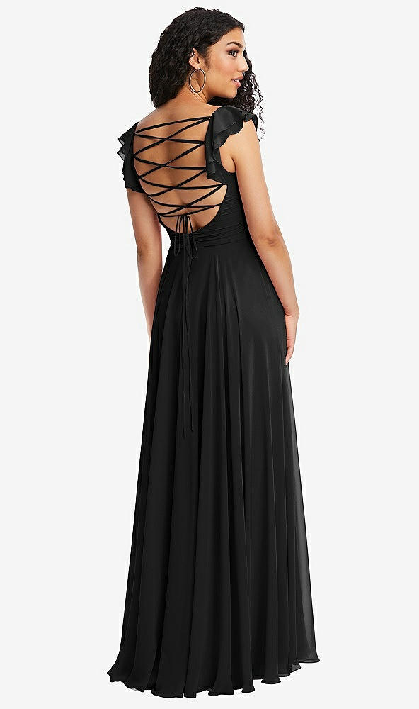 Front View - Black Shirred Cross Bodice Lace Up Open-Back Maxi Dress with Flutter Sleeves