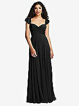 Rear View Thumbnail - Black Shirred Cross Bodice Lace Up Open-Back Maxi Dress with Flutter Sleeves