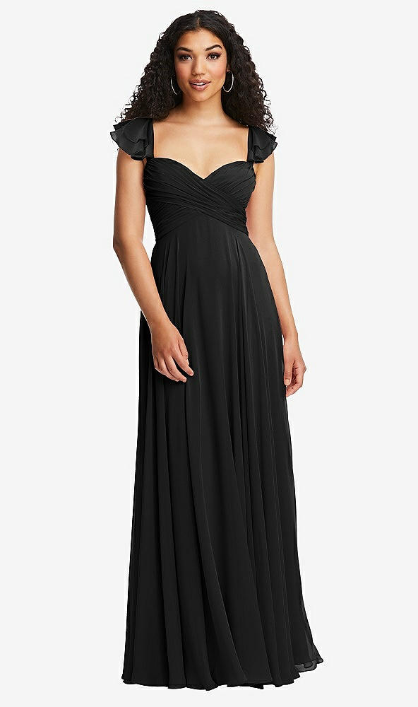 Back View - Black Shirred Cross Bodice Lace Up Open-Back Maxi Dress with Flutter Sleeves
