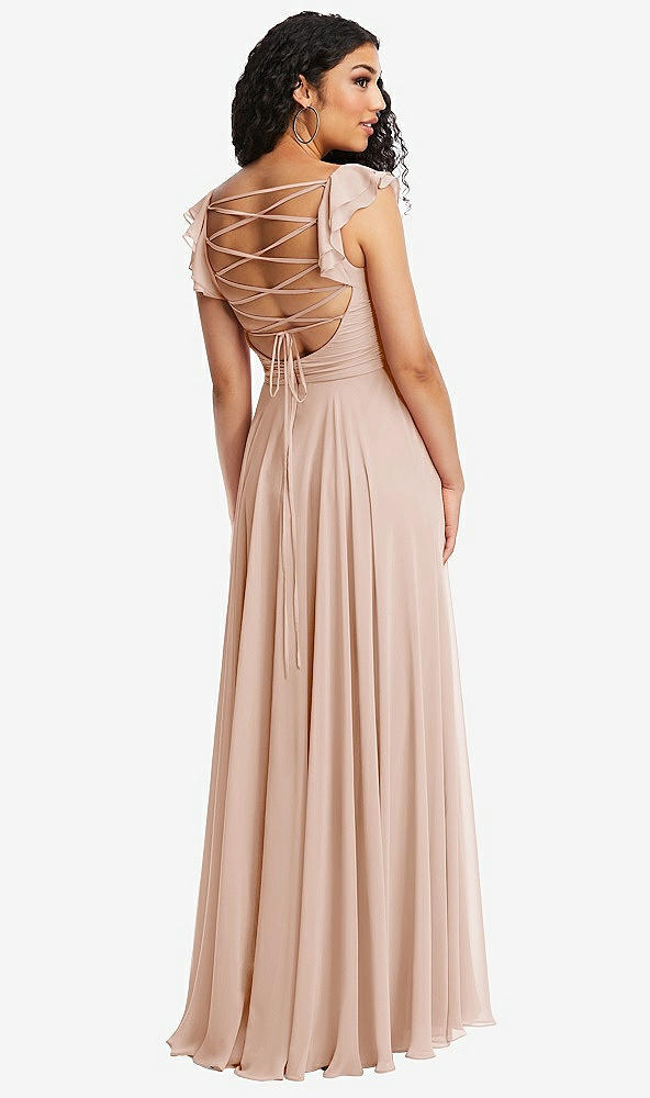 Front View - Cameo Shirred Cross Bodice Lace Up Open-Back Maxi Dress with Flutter Sleeves