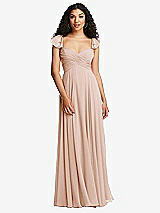 Rear View Thumbnail - Cameo Shirred Cross Bodice Lace Up Open-Back Maxi Dress with Flutter Sleeves