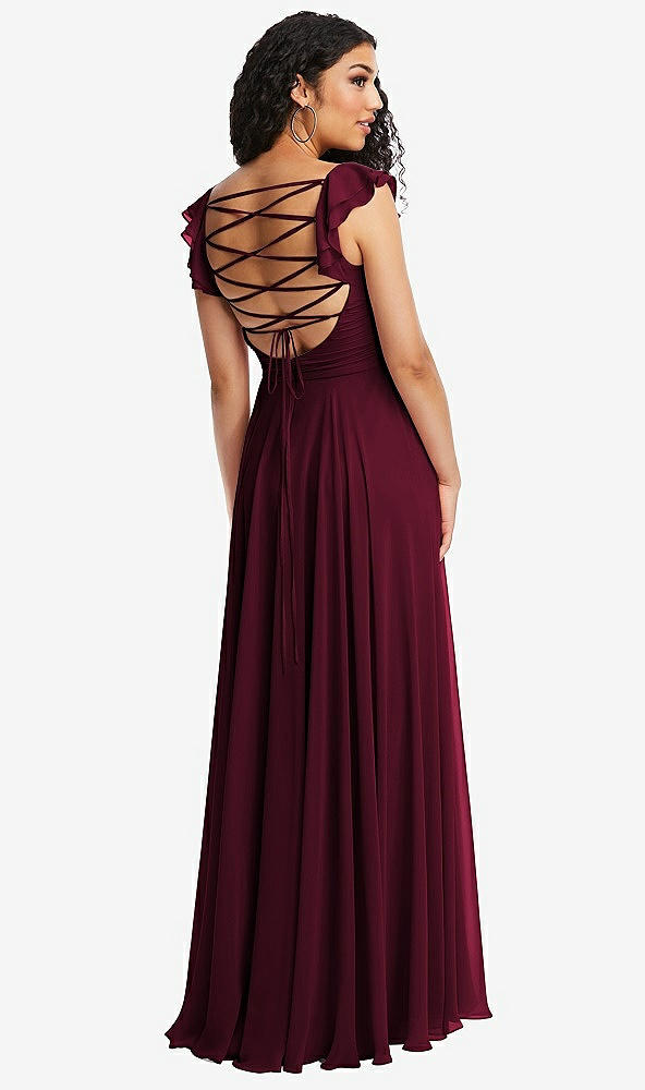 Front View - Cabernet Shirred Cross Bodice Lace Up Open-Back Maxi Dress with Flutter Sleeves