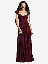 Rear View Thumbnail - Cabernet Shirred Cross Bodice Lace Up Open-Back Maxi Dress with Flutter Sleeves