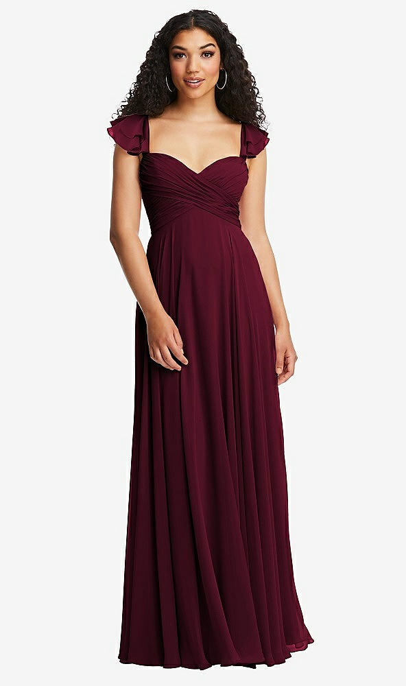 Back View - Cabernet Shirred Cross Bodice Lace Up Open-Back Maxi Dress with Flutter Sleeves