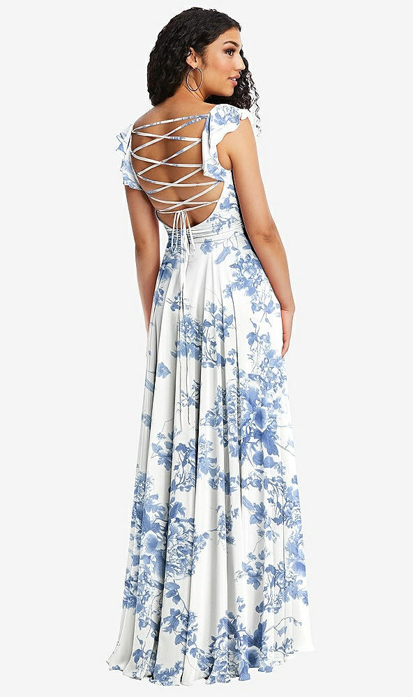 Front View - Cottage Rose Dusk Blue Shirred Cross Bodice Lace Up Open-Back Maxi Dress with Flutter Sleeves