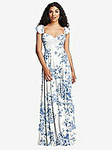 Rear View Thumbnail - Cottage Rose Dusk Blue Shirred Cross Bodice Lace Up Open-Back Maxi Dress with Flutter Sleeves