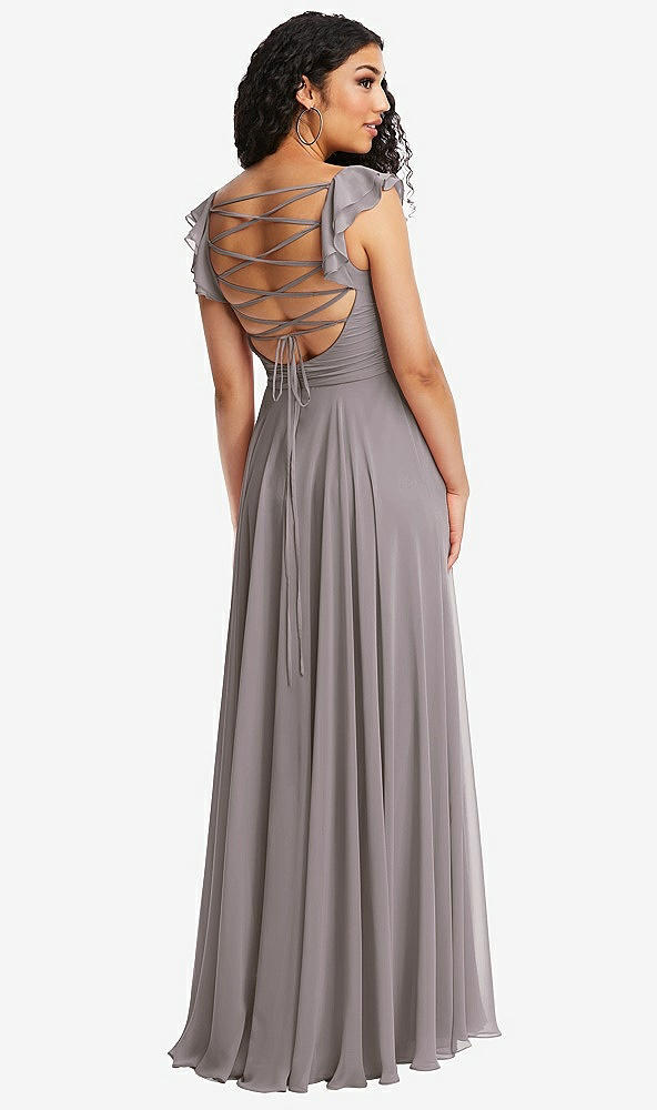 Front View - Cashmere Gray Shirred Cross Bodice Lace Up Open-Back Maxi Dress with Flutter Sleeves