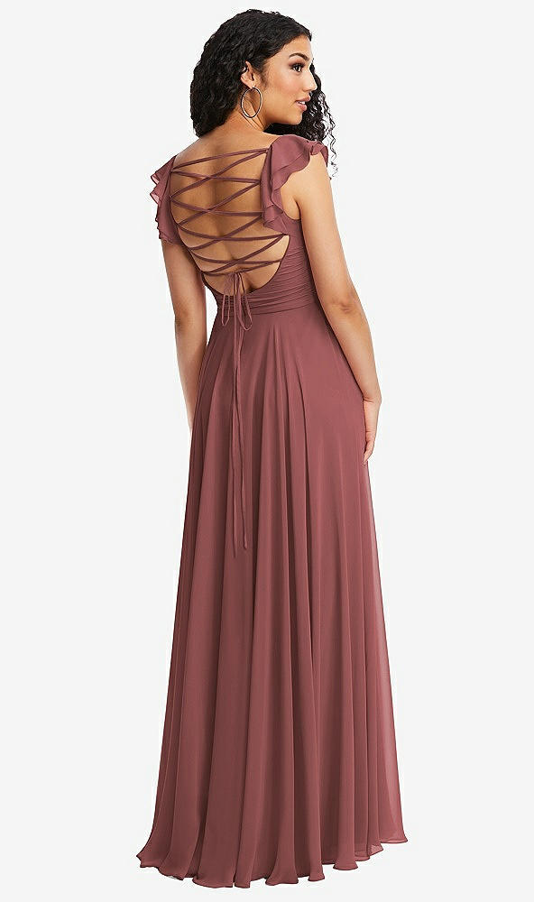 Front View - English Rose Shirred Cross Bodice Lace Up Open-Back Maxi Dress with Flutter Sleeves