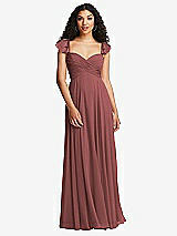 Rear View Thumbnail - English Rose Shirred Cross Bodice Lace Up Open-Back Maxi Dress with Flutter Sleeves