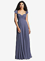 Rear View Thumbnail - French Blue Shirred Cross Bodice Lace Up Open-Back Maxi Dress with Flutter Sleeves