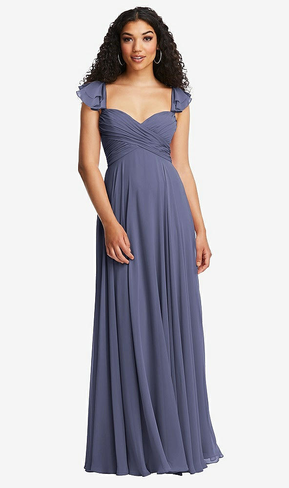 Back View - French Blue Shirred Cross Bodice Lace Up Open-Back Maxi Dress with Flutter Sleeves