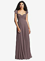 Rear View Thumbnail - French Truffle Shirred Cross Bodice Lace Up Open-Back Maxi Dress with Flutter Sleeves