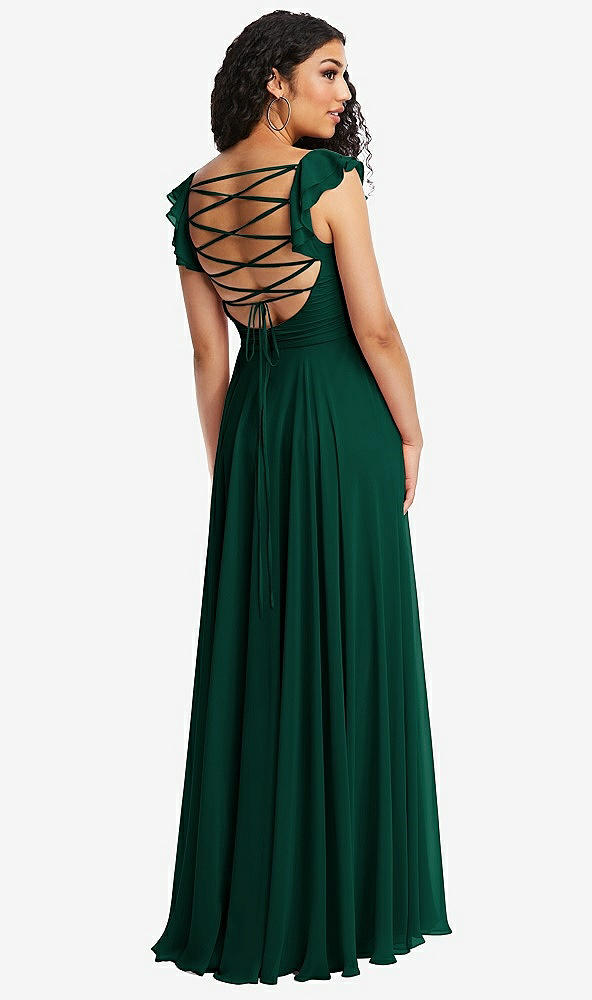 Front View - Hunter Green Shirred Cross Bodice Lace Up Open-Back Maxi Dress with Flutter Sleeves