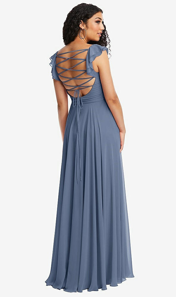 Front View - Larkspur Blue Shirred Cross Bodice Lace Up Open-Back Maxi Dress with Flutter Sleeves