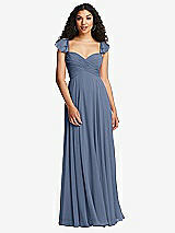 Rear View Thumbnail - Larkspur Blue Shirred Cross Bodice Lace Up Open-Back Maxi Dress with Flutter Sleeves