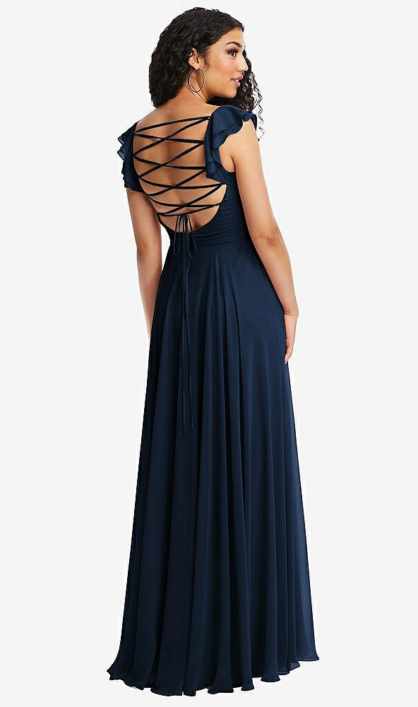 Front View - Midnight Navy Shirred Cross Bodice Lace Up Open-Back Maxi Dress with Flutter Sleeves