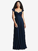 Rear View Thumbnail - Midnight Navy Shirred Cross Bodice Lace Up Open-Back Maxi Dress with Flutter Sleeves