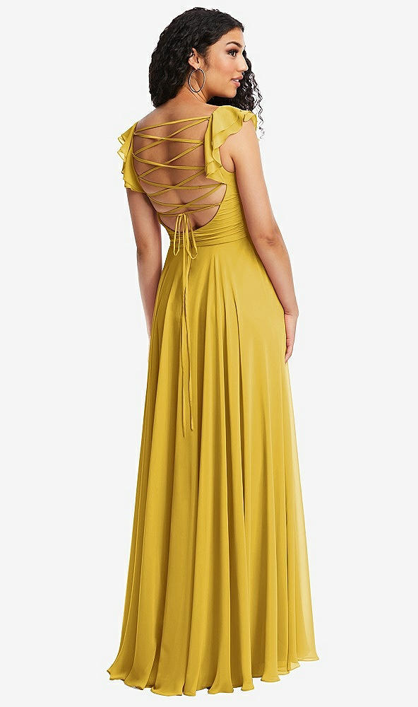 Front View - Marigold Shirred Cross Bodice Lace Up Open-Back Maxi Dress with Flutter Sleeves
