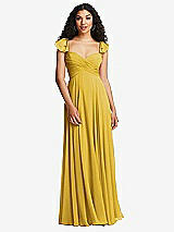 Rear View Thumbnail - Marigold Shirred Cross Bodice Lace Up Open-Back Maxi Dress with Flutter Sleeves