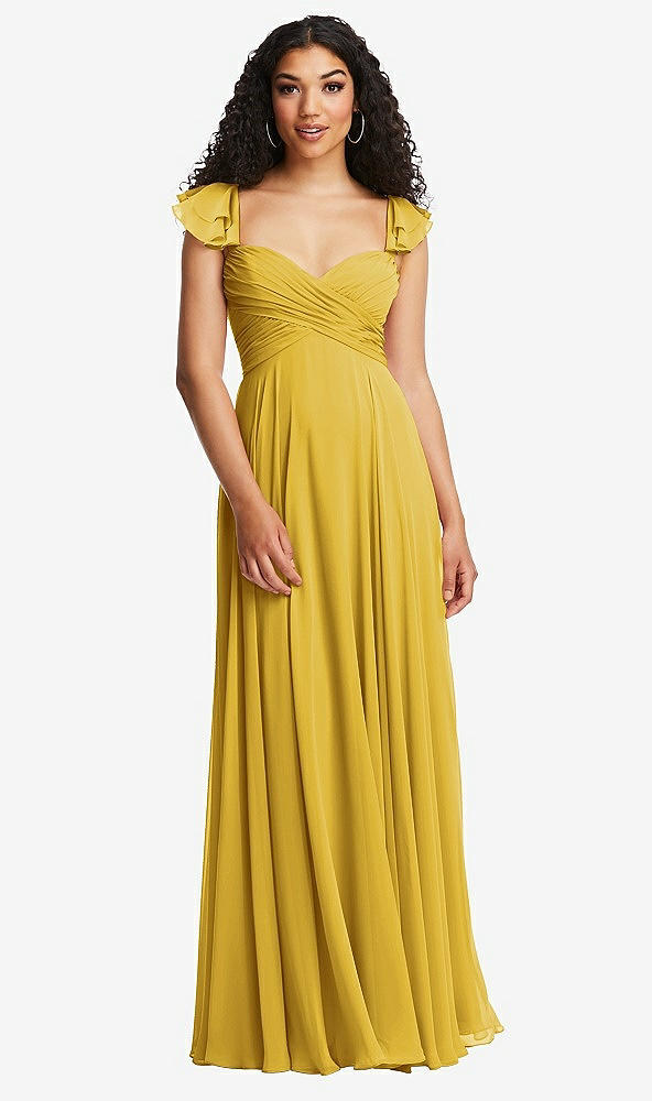 Back View - Marigold Shirred Cross Bodice Lace Up Open-Back Maxi Dress with Flutter Sleeves