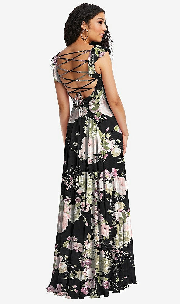 Front View - Noir Garden Shirred Cross Bodice Lace Up Open-Back Maxi Dress with Flutter Sleeves