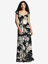 Rear View Thumbnail - Noir Garden Shirred Cross Bodice Lace Up Open-Back Maxi Dress with Flutter Sleeves
