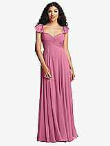 Rear View Thumbnail - Orchid Pink Shirred Cross Bodice Lace Up Open-Back Maxi Dress with Flutter Sleeves