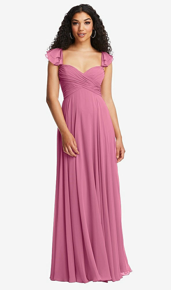 Back View - Orchid Pink Shirred Cross Bodice Lace Up Open-Back Maxi Dress with Flutter Sleeves