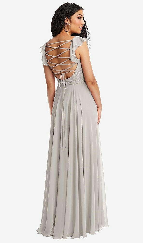 Front View - Oyster Shirred Cross Bodice Lace Up Open-Back Maxi Dress with Flutter Sleeves