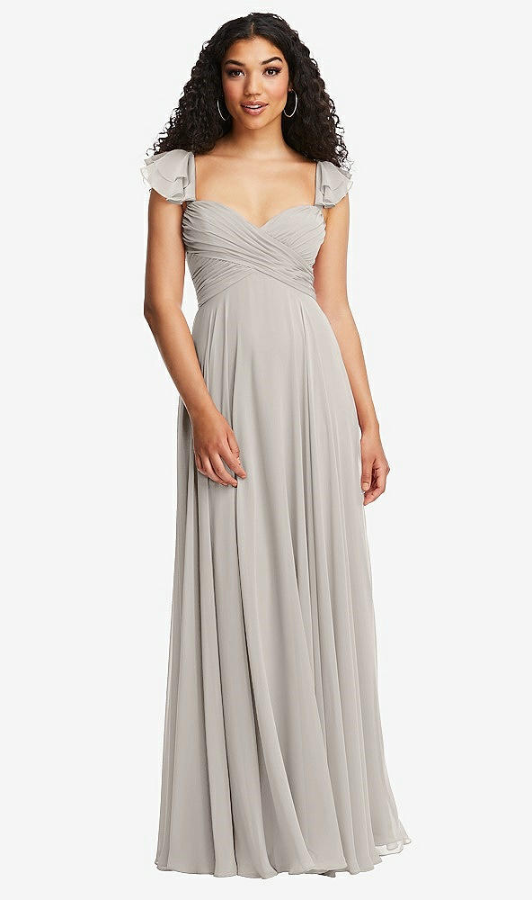 Back View - Oyster Shirred Cross Bodice Lace Up Open-Back Maxi Dress with Flutter Sleeves