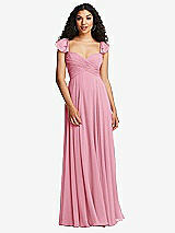 Rear View Thumbnail - Peony Pink Shirred Cross Bodice Lace Up Open-Back Maxi Dress with Flutter Sleeves