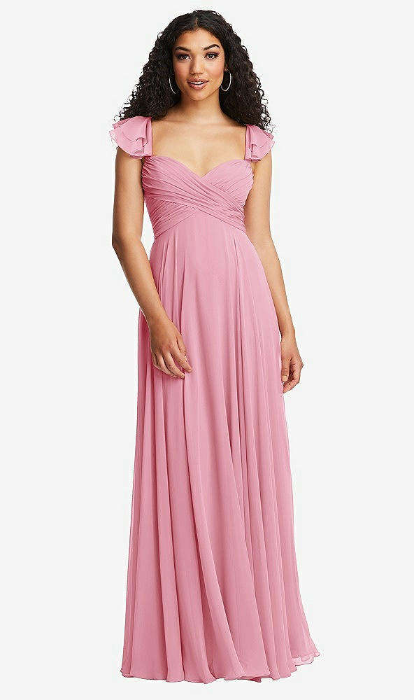Back View - Peony Pink Shirred Cross Bodice Lace Up Open-Back Maxi Dress with Flutter Sleeves