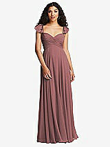 Rear View Thumbnail - Rosewood Shirred Cross Bodice Lace Up Open-Back Maxi Dress with Flutter Sleeves