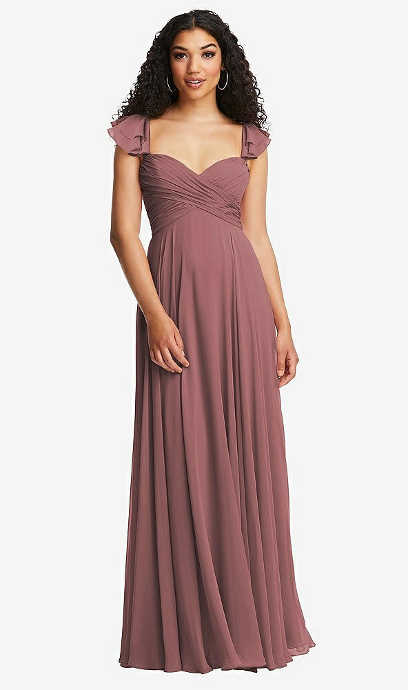 Back View - Rosewood Shirred Cross Bodice Lace Up Open-Back Maxi Dress with Flutter Sleeves