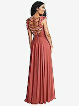 Front View Thumbnail - Coral Pink Shirred Cross Bodice Lace Up Open-Back Maxi Dress with Flutter Sleeves