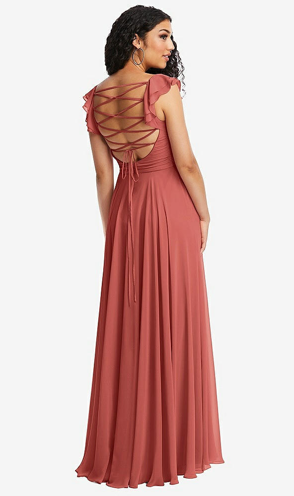 Front View - Coral Pink Shirred Cross Bodice Lace Up Open-Back Maxi Dress with Flutter Sleeves