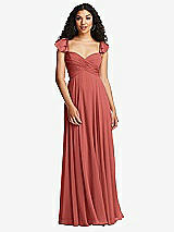 Rear View Thumbnail - Coral Pink Shirred Cross Bodice Lace Up Open-Back Maxi Dress with Flutter Sleeves