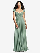 Rear View Thumbnail - Seagrass Shirred Cross Bodice Lace Up Open-Back Maxi Dress with Flutter Sleeves
