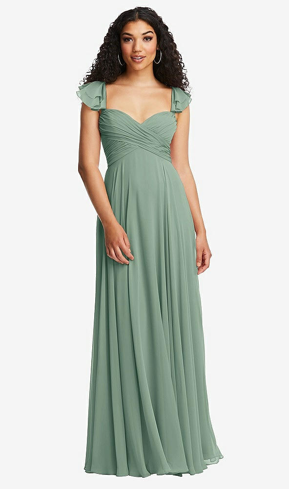 Back View - Seagrass Shirred Cross Bodice Lace Up Open-Back Maxi Dress with Flutter Sleeves