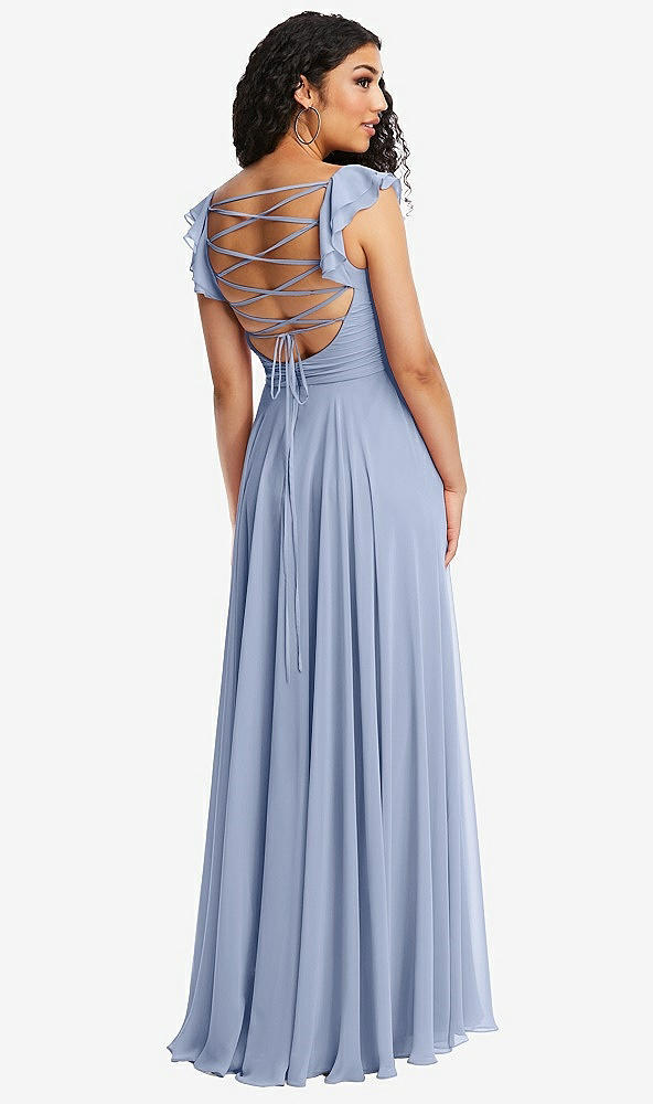 Front View - Sky Blue Shirred Cross Bodice Lace Up Open-Back Maxi Dress with Flutter Sleeves