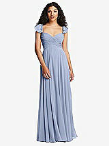 Rear View Thumbnail - Sky Blue Shirred Cross Bodice Lace Up Open-Back Maxi Dress with Flutter Sleeves