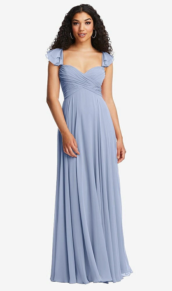 Back View - Sky Blue Shirred Cross Bodice Lace Up Open-Back Maxi Dress with Flutter Sleeves