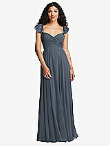 Rear View Thumbnail - Silverstone Shirred Cross Bodice Lace Up Open-Back Maxi Dress with Flutter Sleeves