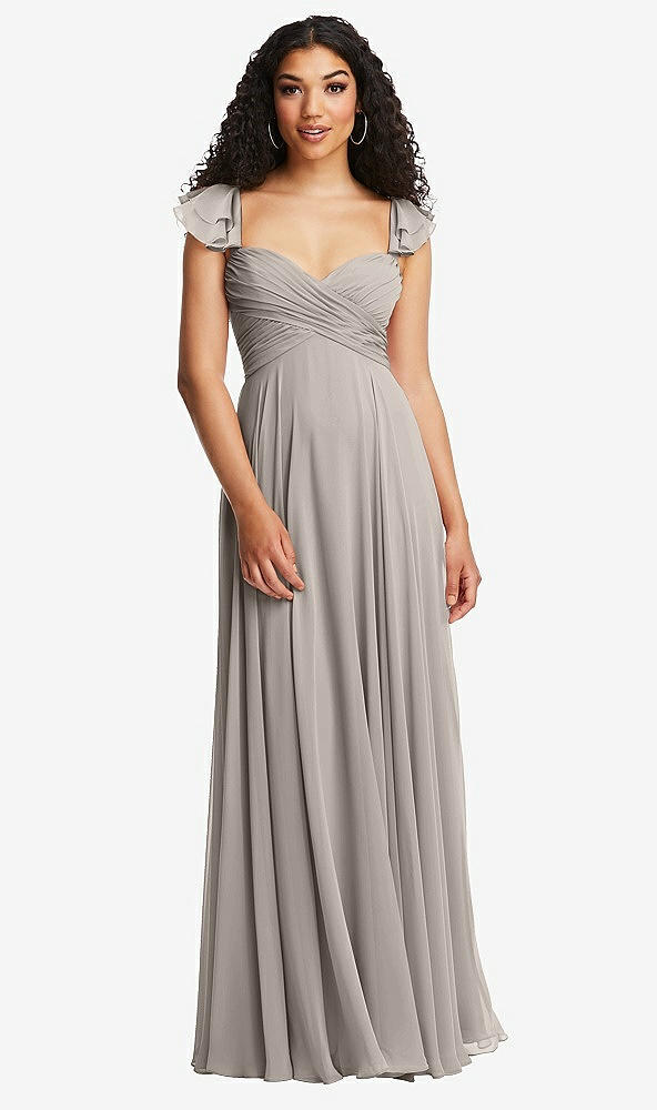 Back View - Taupe Shirred Cross Bodice Lace Up Open-Back Maxi Dress with Flutter Sleeves