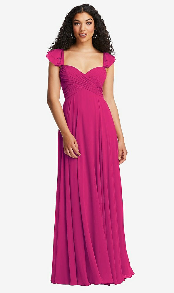 Back View - Think Pink Shirred Cross Bodice Lace Up Open-Back Maxi Dress with Flutter Sleeves