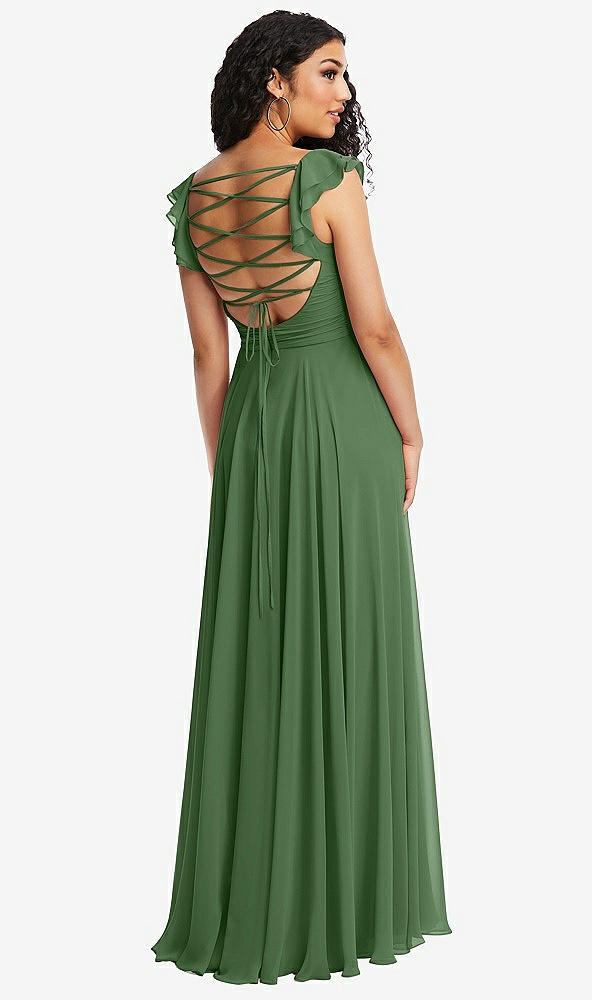Front View - Vineyard Green Shirred Cross Bodice Lace Up Open-Back Maxi Dress with Flutter Sleeves
