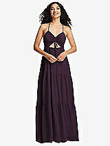 Front View Thumbnail - Aubergine Drawstring Bodice Gathered Tie Open-Back Maxi Dress with Tiered Skirt